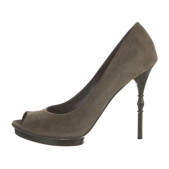 Authentic GUCCI Olive Green Suede Bamboo Stiletto Peep Toe Heel Shoe Size 39 EUC - Picture 2 of 16